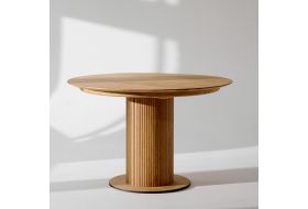 Stół Formia rozkładany, okrągły stół na jednej nodze z lamelami, dębowy stół rozkładany