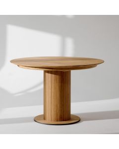 Stół Formia rozkładany, okrągły stół na jednej nodze z lamelami, dębowy stół rozkładany